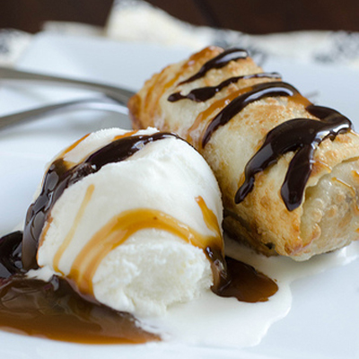 Cookie Dough Eggrolls - an eggless cookie dough is sealed into an eggroll wrapper, then flash fried and served with ice cream.
