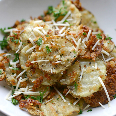 Crispy oven-baked parmesan garlic fries.