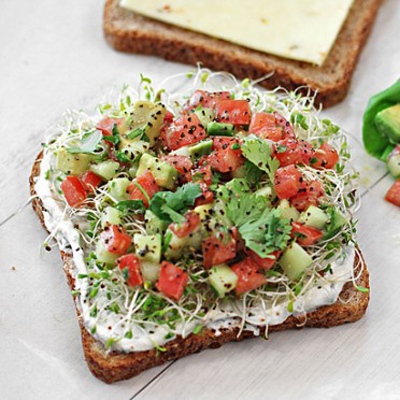 California Sandwich with avocado, tomato, sprouts, pepper jack and a chive spread.