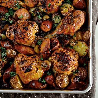 Spanish Chicken with Chorizo and Potatoes, a tray of citrusy roast you can put together with one eye closed.