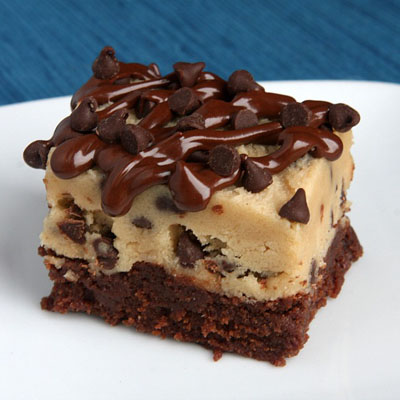 A fudgy brownie with a thick layer of cookie dough stacked on top (Eggless, of course!)