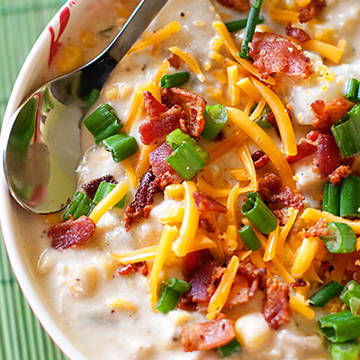 Sweet corn, smoky bacon, and juicy chicken make one yummy chowder.