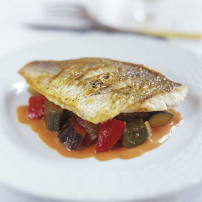 Try this amazing sea bream recipe with ratatouille, tomatoes, aubergines and red peppers.