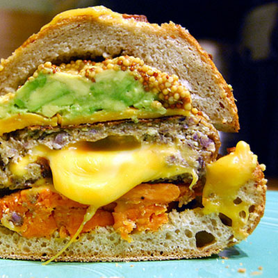 Vegetarian-style juicy lucy. a mammoth sandwich with tons of flavor.