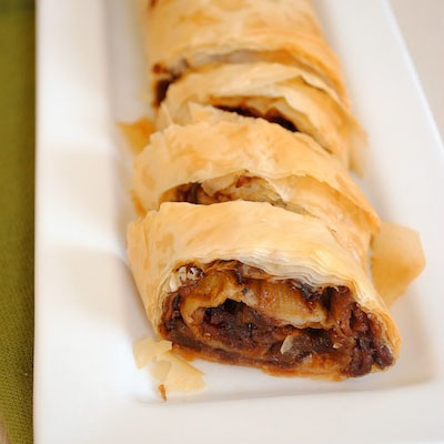 Bacon-Balsamic Strudel - caramelized onions, crunchy bacon and sweet balsamic vinegar rolled up in phyllo dough.