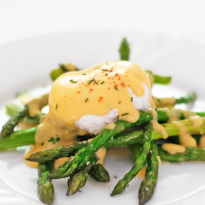 Roasted Asparagus, Poached Eggs and Hollandaise Sauce.
