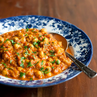 Catalan chickpeas with almonds and tomatoes.