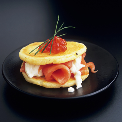 Ideal brunch recipe with potato pancakes and smoked salmon and caviar.