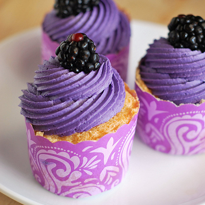 Angel Food Cupcakes with Blackberry Buttercream