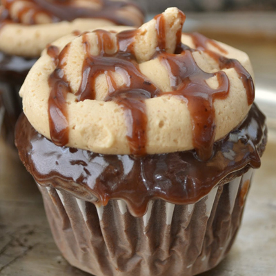 Peanut Butter Stuffed Hot Fudge Cupcakes
