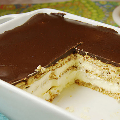 This is one of our favorite desserts! You just need to make it the day before you plan to eat it to give it time to soak the pudding stuff into the graham crackers. No-Bake Chocolate Eclair Dessert amazingly good and easy!
