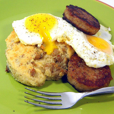 Seriously GOOD Cheesy Sausage Biscuits... I am showing a full breakfast, but what I really do with these is make em and save to eat on the run. It's a deconstructed McD's breakfast sandwich all in one biscuit and it is delicious! Perfect driving food when I don't have time for breakfast.