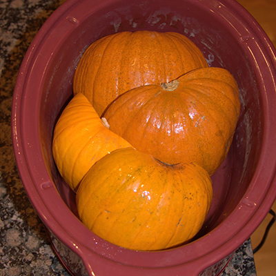 Cooking Fresh Pumpkins in a Slow Cooker then freeze the puree for later use.