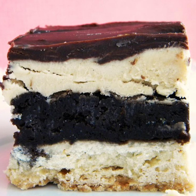 Tagalong Brownie Cookie Bars: Shortbread, peanut butter, brownie with chocolate glaze...