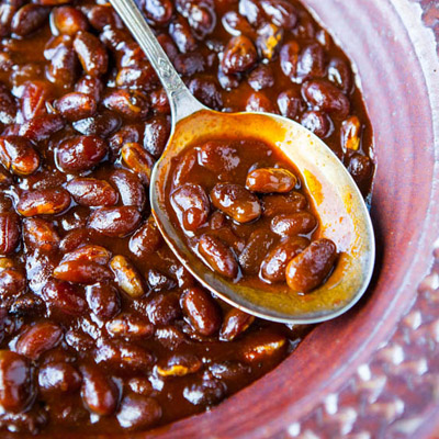 Bourbon Maple Slow Cooker Baked Beans (vegan, GF)