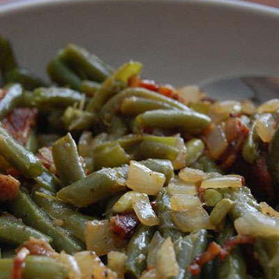 Home Style Green Beans with bacon, onion, cider vinegar & brown sugar.