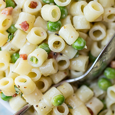 Summer Macaroni Salad ~ with crispy Pancetta and Petite Peas in a Creamy Lemon-Thyme Dressing