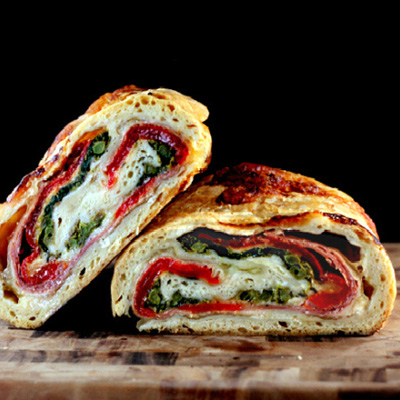 Three Cheese Broccoli, Prosciutto and Roasted Red Pepper Stromboli