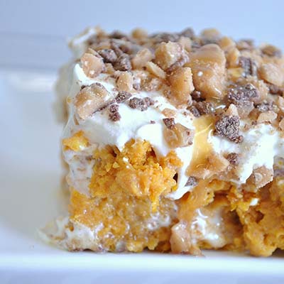 Pumpkin better than sex cake 1 box yellow cake mix 1 small can pumpkin puree 1 - 14 oz. can sweetened condensed milk 1 - 8 oz. tub cool whip 1/2 bag Heath Bits Caramel Sundae Sauce