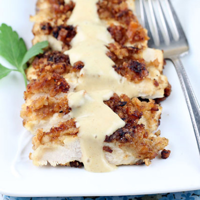 Pretzel crusted chicken breasts with a sweet and tangy honey mustard sauce.