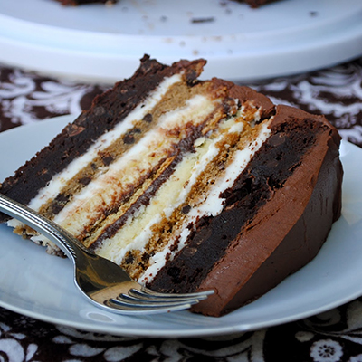 7 layer goodness with brownie, cookie, cheesecake and graham cracker.