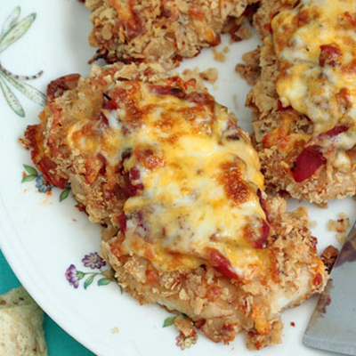 Santa Fe Baked Chicken - tortilla chip crusted chicken with salsa and Monterey jack cheese...