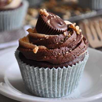 Devil’s Food Cupcakes with Peanut Butter and Chocolate Twirled Frosting