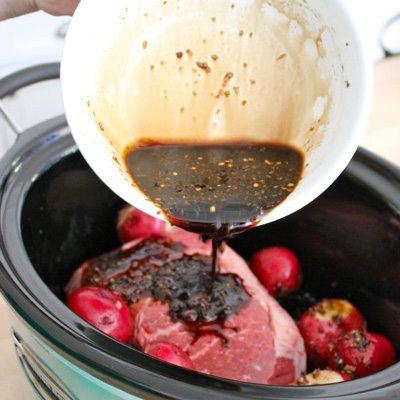 Slow Cooker Balsamic Pot Roast ~ 4–5 Lbs Beef Chuck Roast • 2C Beef Broth • ½C Light Brown Sugar • ¼C Balsamic Vinegar • 1T Soy Sauce • 1t Salt • ¼t Red Pepper Flakes • 3 Garlic Cloves • Zest of ½ Orange • Red Potatoes