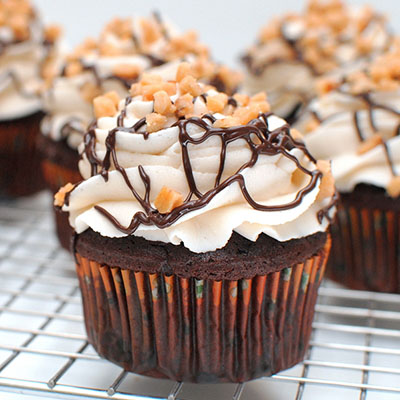 Toffee Mocha Cupcakes - chocolate mocha cupcakes topped with a Toffee Butter Cream and toffee pieces.