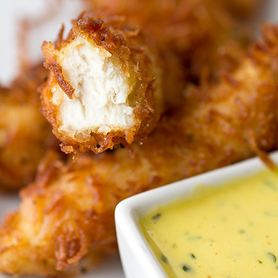 Crunchy Coconut Chicken Strips with Honey-Mango Dipping Sauce
