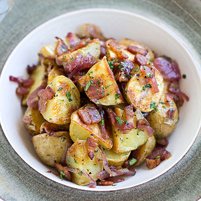 Warm, Roasted Baby Potato Salad with Crispy Bacon, Caramelized Red Onions and Warm Bacon Vinaigrette