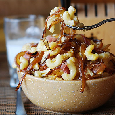 Macaroni and Cheese with Bacon and Caramelized Onions