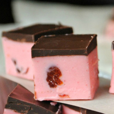 Soft Cherry Fudge recipe topped with a dark chocolate ganache!