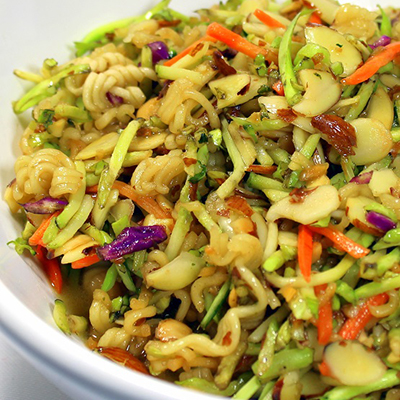 Ramon Noodle Broccoli Cole Slaw - Grilling Time (Side Dish) - Star of stage screen... Well, actually the star of Church Basement Pot Luck Dinner (cause it is FAST, EASY and DELICIOUS (and Cheap)) and works fantastic as a side dish for a BBQ/Grill session. Tastes best when done hours (or a day) in Advance.