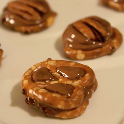 Rolo Pretzel Delights - (If you choose not to use pecans, put another little pretzel bite on top.)