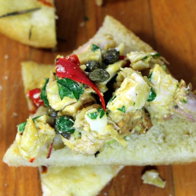 Italian Chicken Salad (Insalata di pollo). Parsley, Red Peppers and white meat chicken turn the colors of the Italian Flag into this tasty delicious uniquely flavored chicken salad. PLUS, if you are looking for a mayonnaise-less salad, this is for you... NO MAYO! So a great healthy option but still delicious.