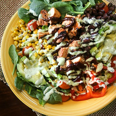 BBQ Chicken Salad with Cilantro Ranch Dressing. A really fabulous salad with most of your healthy veggies and greens.