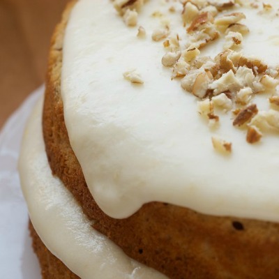 Pecan Layer Cake with Banana Icing. For the pecan lover, and the banana icing is a bonus. So delicious. This will be a dessert favorite, and a pretty good breakfast food when you have a sweet tooth!